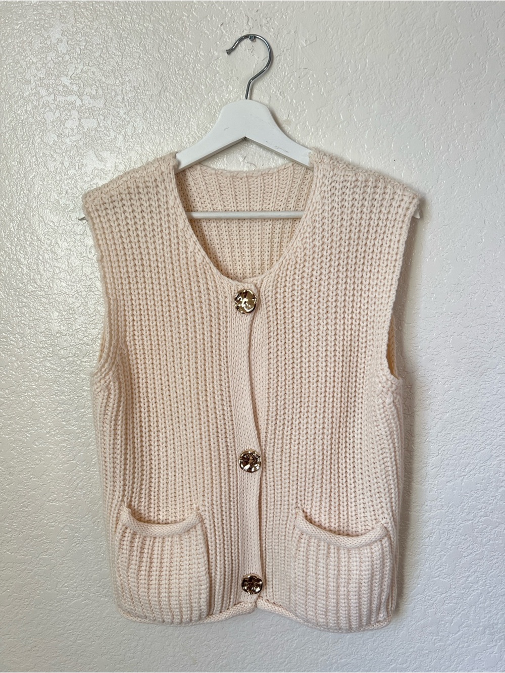 Chunky Knit Sweater Vest with Gold Buttons Cream Beige